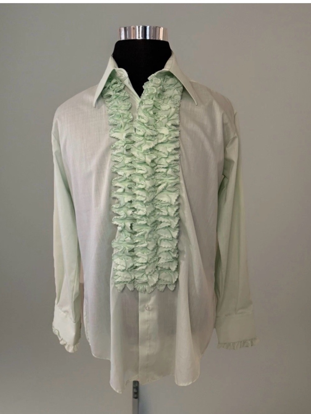 Vntg 70s After Six Tuxedo Shirt Sz L Green Ruffle Peacock Revolution Promcore